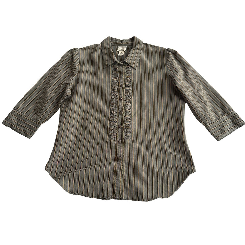 April Cornell VTG Ticking Stripe Cotton Blend Shirred Front Cottagecore Blouse S
